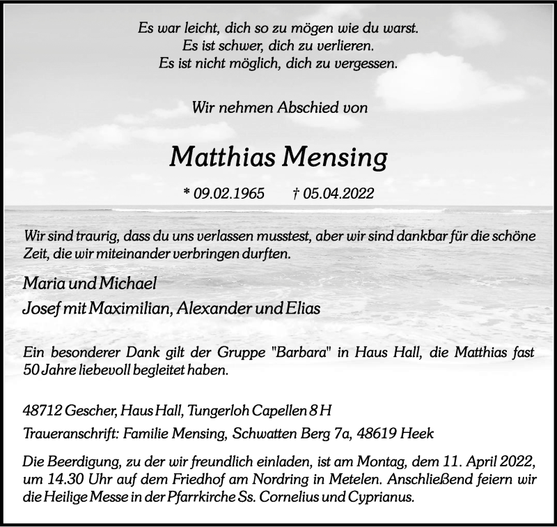  Traueranzeige für Matthias Mensing vom 09.04.2022 aus 