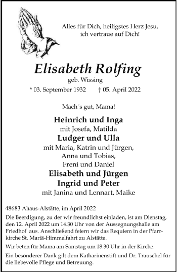 Anzeige von Elisabeth Rolfing 