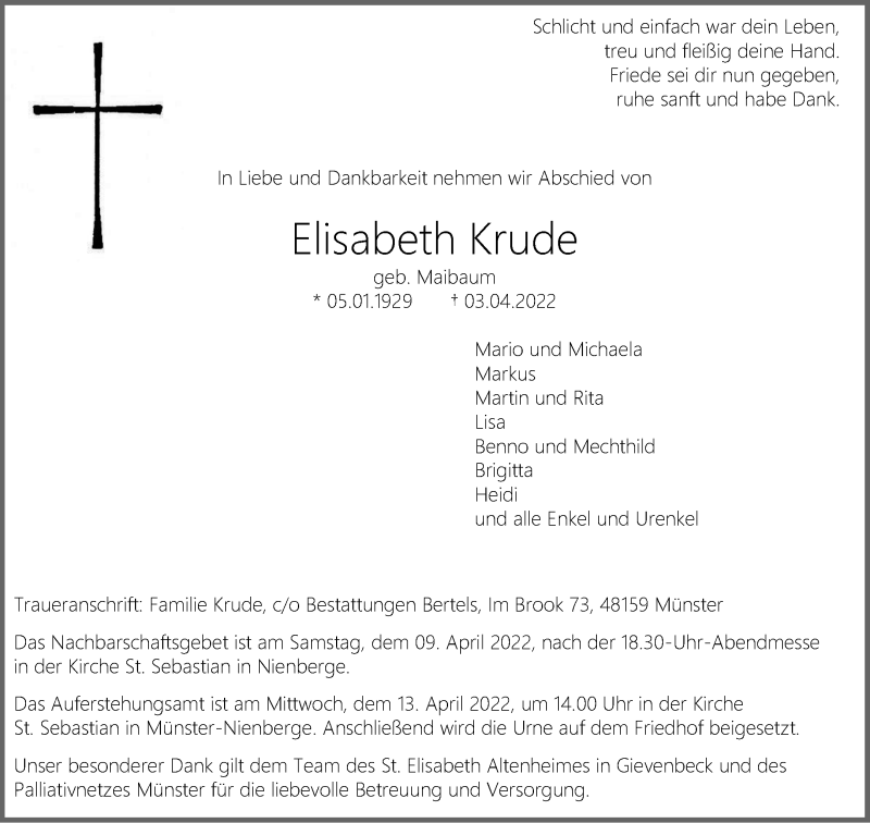  Traueranzeige für Elisabeth Krude vom 09.04.2022 aus 