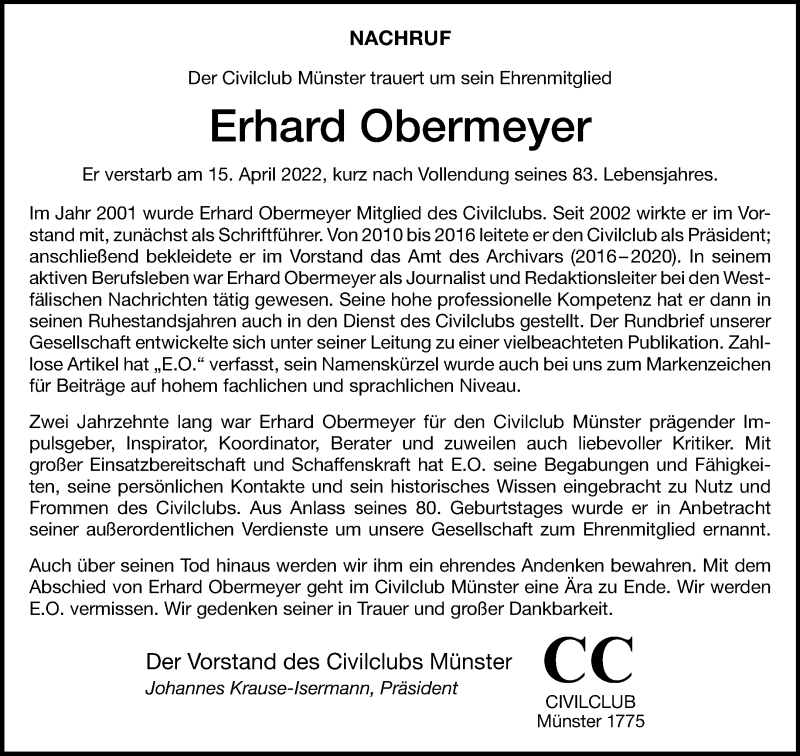  Traueranzeige für Erhard Obermeyer vom 30.04.2022 aus 