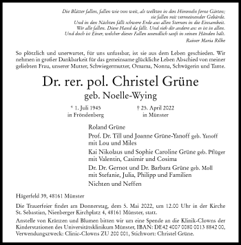 Anzeige von Christel Grüne 