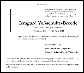 Anzeige von Irmgard Voßschulte-Breede 