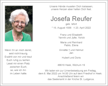 Anzeige von Josefa Reufer 