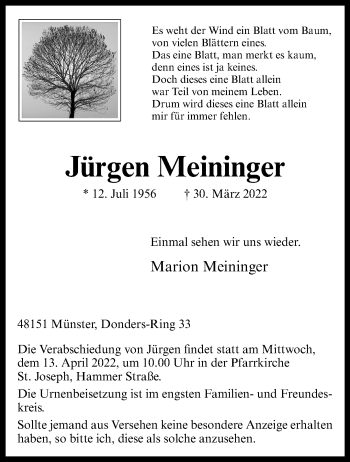 Anzeige von Jürgen Meininger 