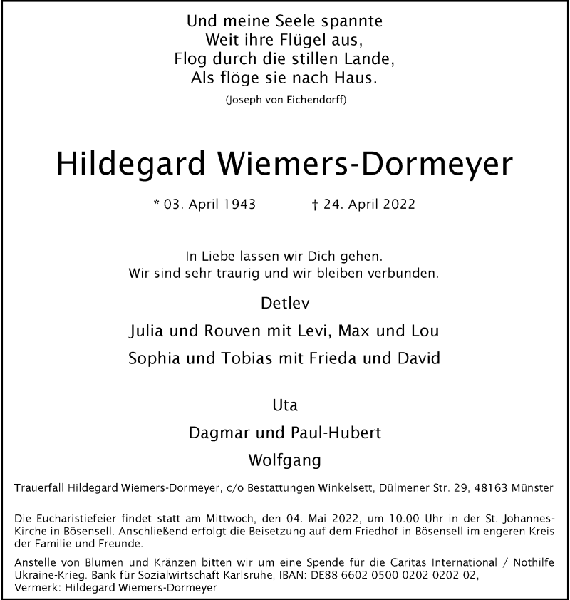  Traueranzeige für Hildegard Wiemers-Dormeyer vom 29.04.2022 aus 