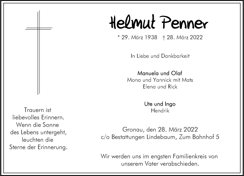  Traueranzeige für Helmut Penner vom 06.04.2022 aus 