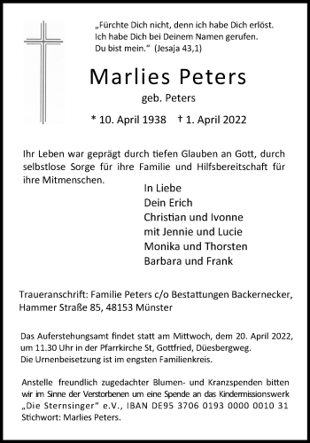 Anzeige von Marlies Peters 