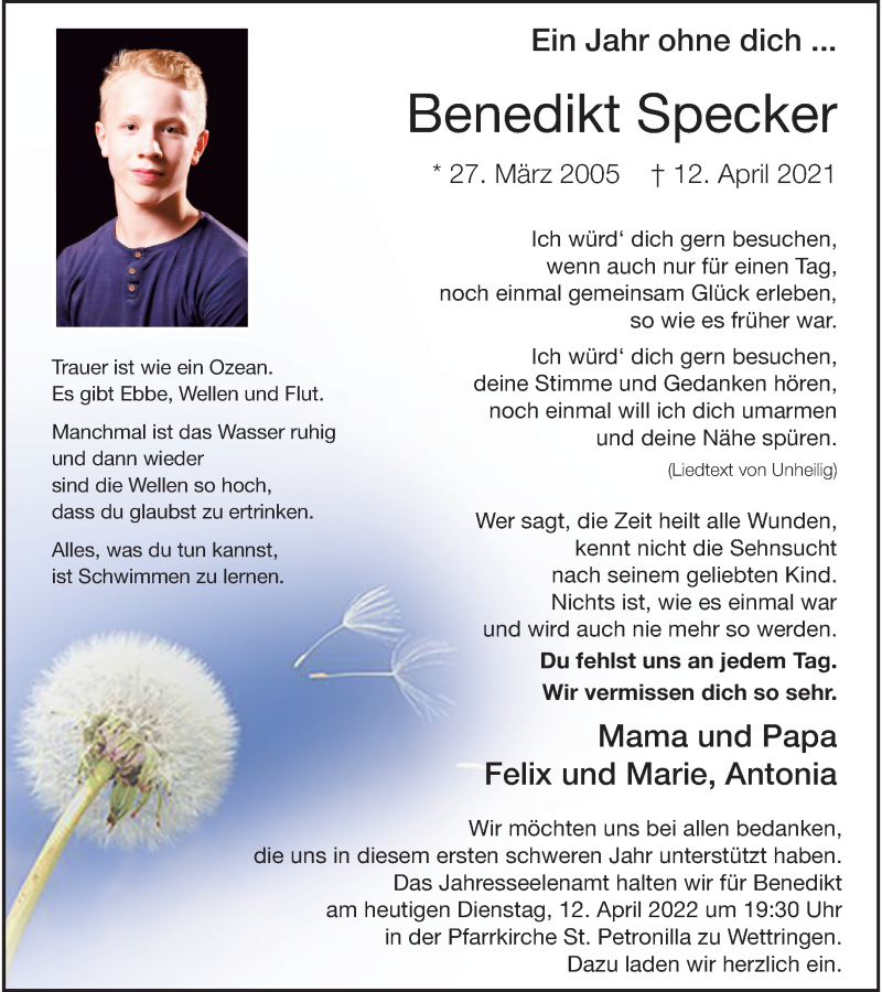  Traueranzeige für Benedikt Specker vom 12.04.2022 aus 