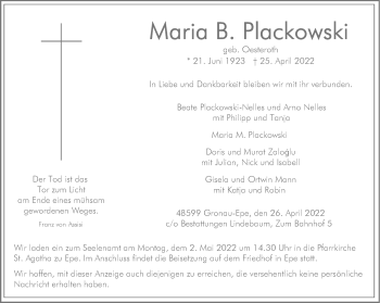 Anzeige von Maria Plackowski 