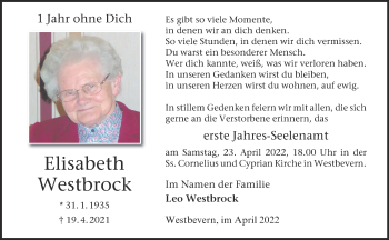 Anzeige von Elisabeth Westbrock 