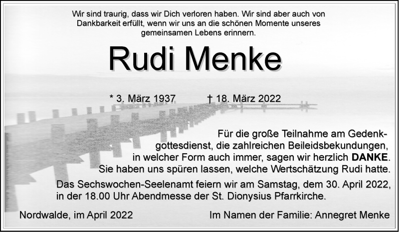  Traueranzeige für Rudi Menke vom 23.04.2022 aus 