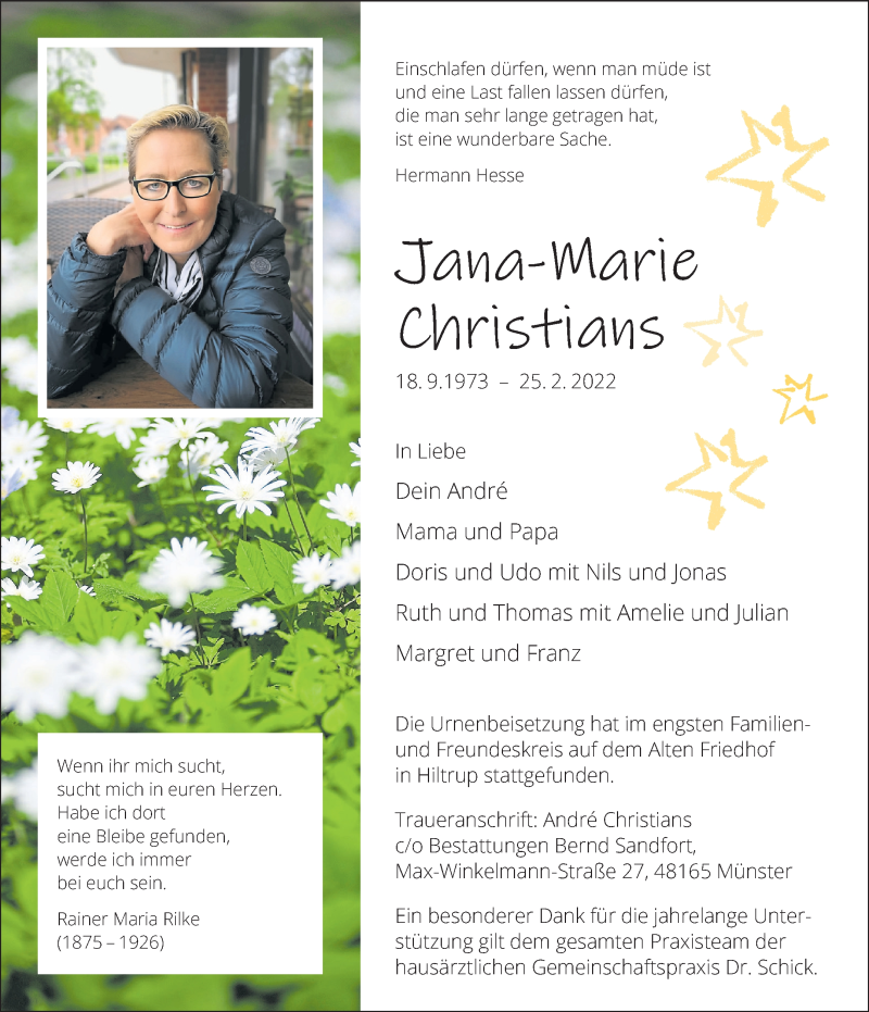  Traueranzeige für Jana-Marie Christians vom 12.03.2022 aus Westfälische Nachrichten