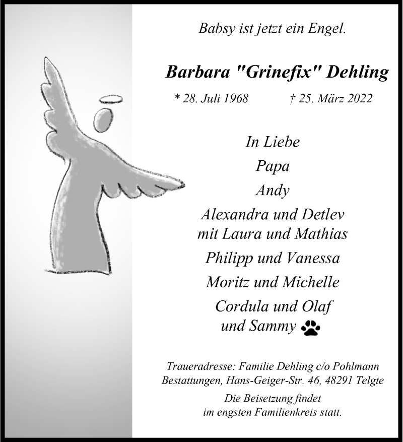  Traueranzeige für Barbara Dehling vom 02.04.2022 aus 