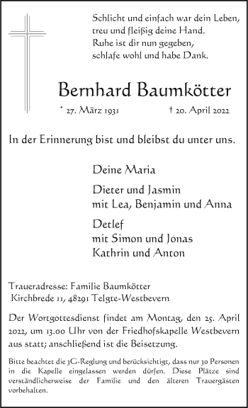 Anzeige von Bernhard Baumkötter 