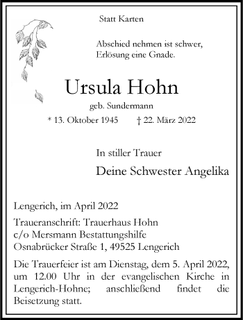 Anzeige von Ursula Hohn 