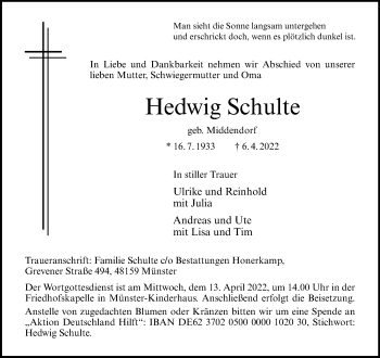 Anzeige von Hedwig Schulte 