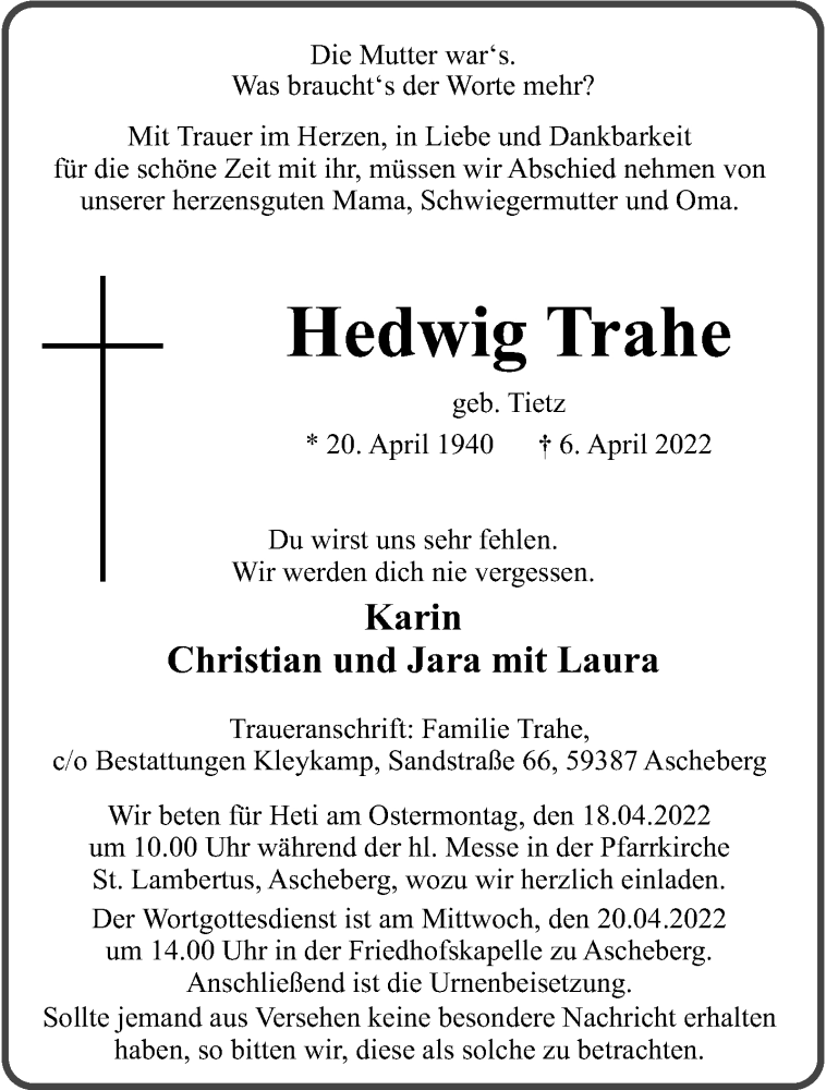  Traueranzeige für Hedwig Trahe vom 15.04.2022 aus 