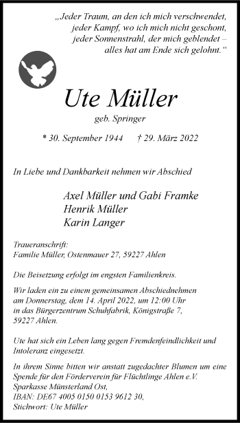 Anzeige von Ute Müller 