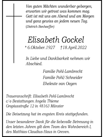 Anzeige von Elisabeth Gockel 