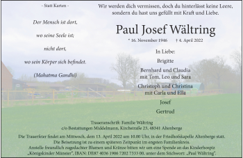 Anzeige von Paul Josef Wältring 