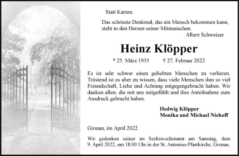  Traueranzeige für Heinz Klöpper vom 02.04.2022 aus 