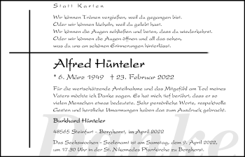 Anzeige von Alfred Hünteler 