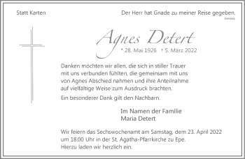 Anzeige von Agnes Detert 