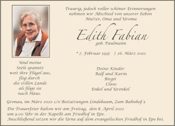 Anzeige von Edith Fabian 