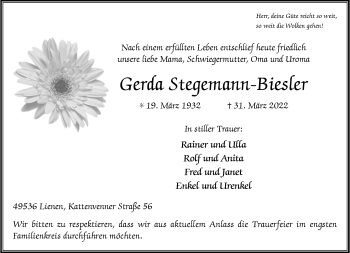 Anzeige von Gerda Stegemann-Biesler 