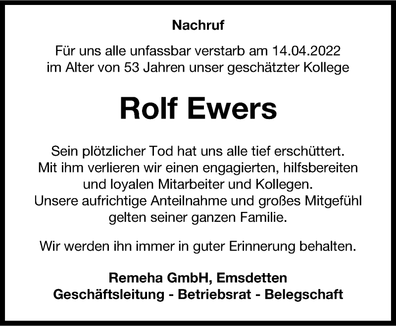  Traueranzeige für Rolf Ewers vom 26.04.2022 aus 