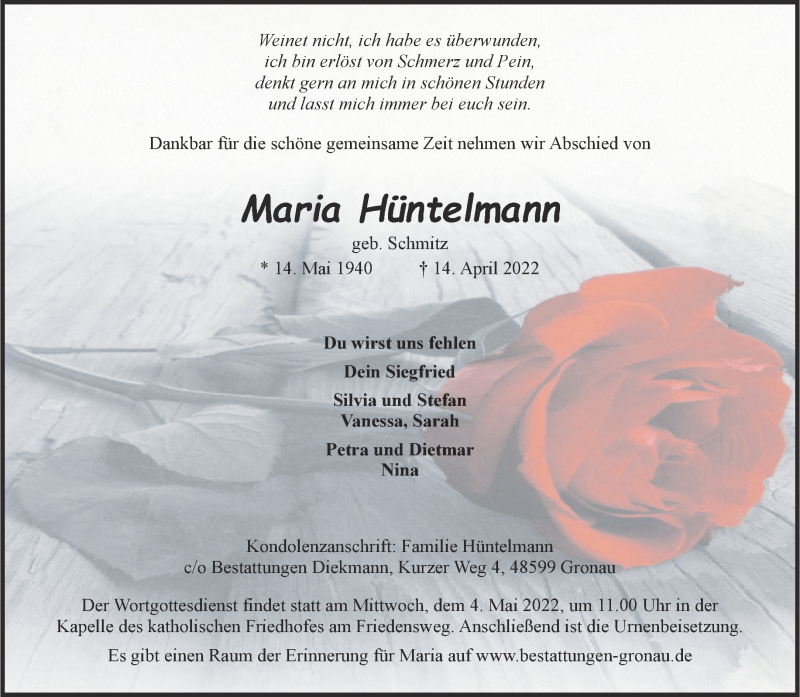  Traueranzeige für Maria Hüntelmann vom 23.04.2022 aus 