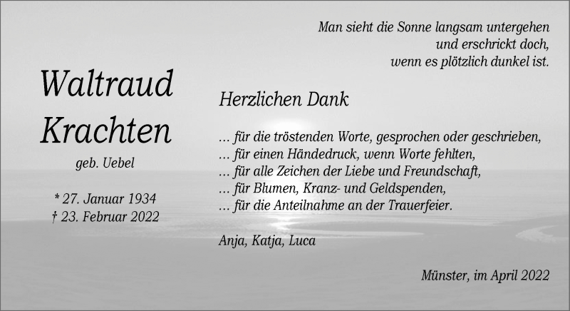  Traueranzeige für Waltraud Krachten vom 30.04.2022 aus 