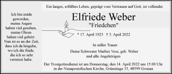 Anzeige von Elfriede Weber 