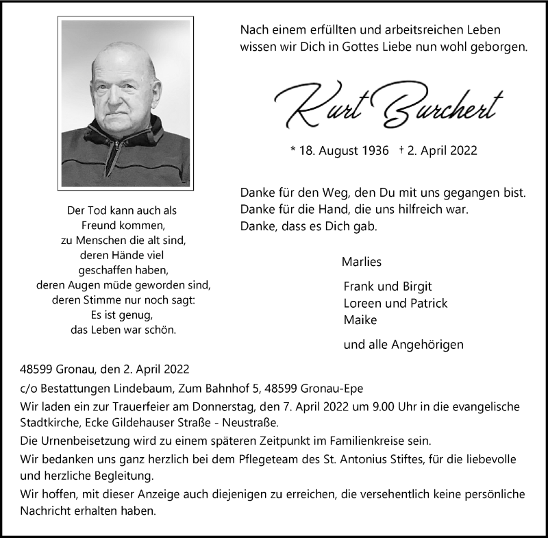  Traueranzeige für Kurt Borchert vom 05.04.2022 aus 