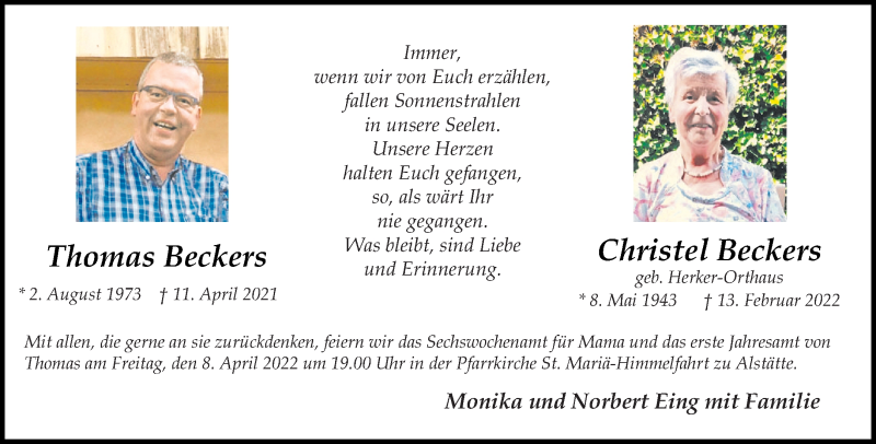  Traueranzeige für Thomas Beckers vom 06.04.2022 aus 
