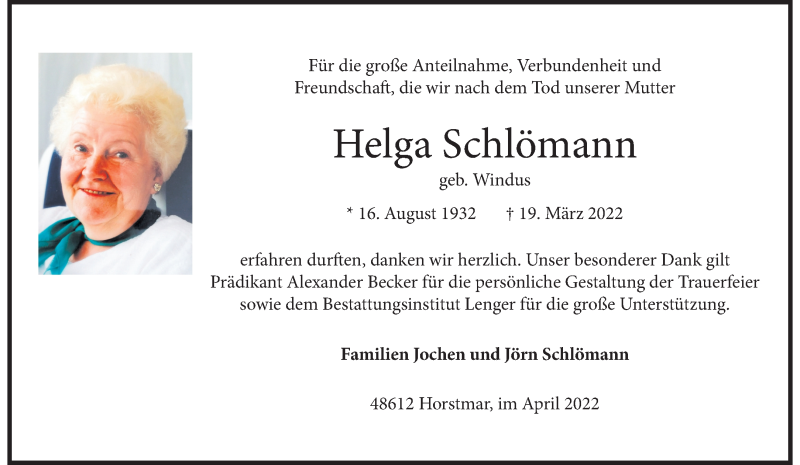  Traueranzeige für Helga Schlömann vom 30.04.2022 aus 
