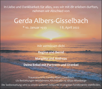 Anzeige von Gerda Albers-Gisselbach 
