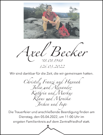 Anzeige von Axel Becker 