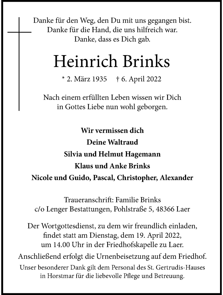 Traueranzeige für Heinrich Brinks vom 15.04.2022 aus 