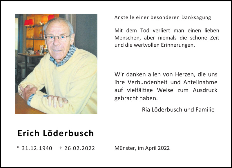  Traueranzeige für Erich Löderbusch vom 09.04.2022 aus 