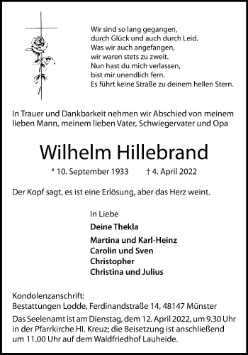 Anzeige von Wilhelm Hillebrand 