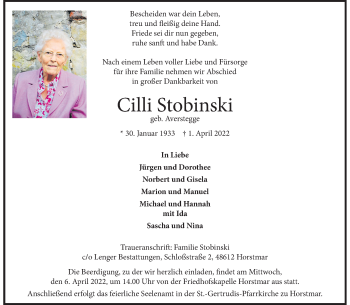 Anzeige von Cilli Stobinski 