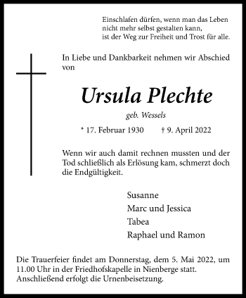 Anzeige von Ursula Plechte 