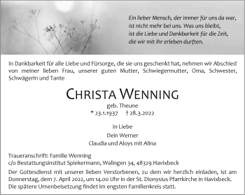 Anzeige von Christa Wenning 