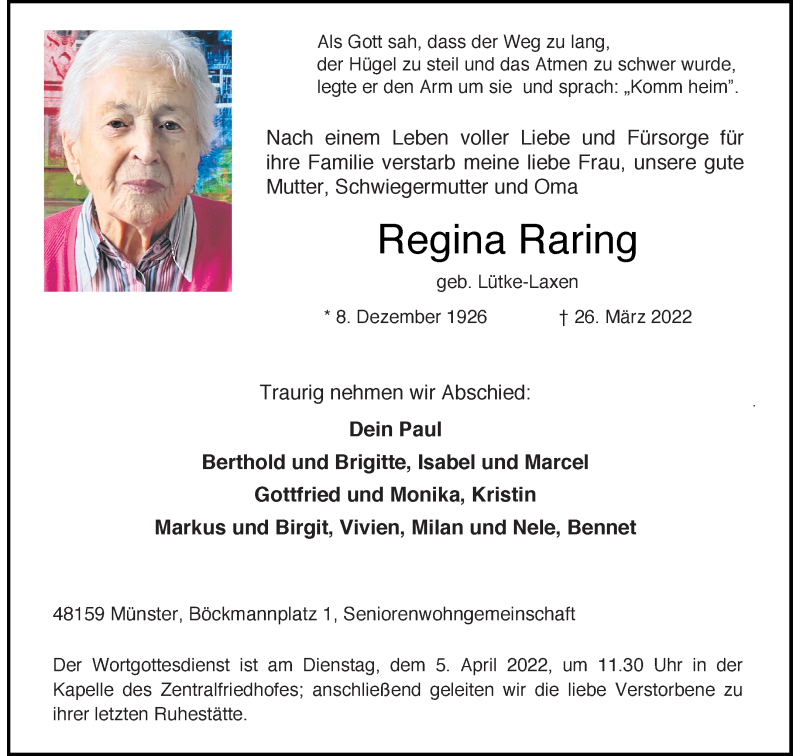  Traueranzeige für Regina Raring vom 02.04.2022 aus 