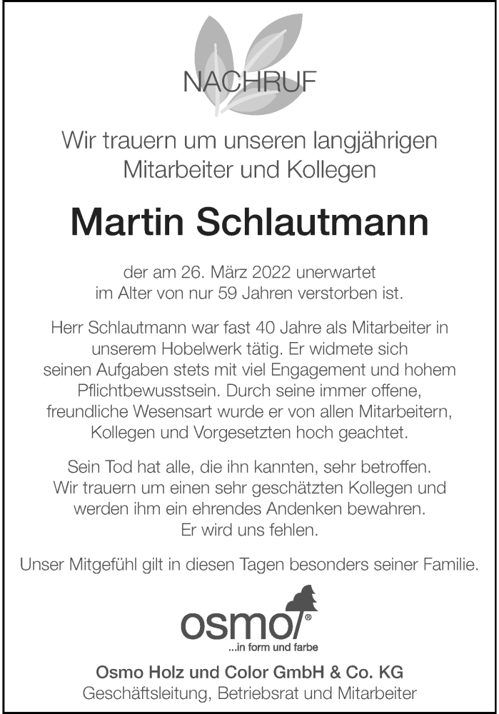 Traueranzeige für Martin Schlautmann vom 09.04.2022 aus 