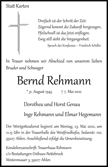 Anzeige von Bernd Rehmann 