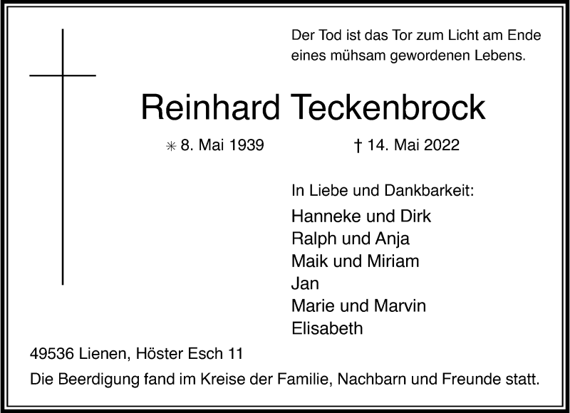  Traueranzeige für Reinhard TeckenBrock vom 21.05.2022 aus 