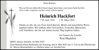 Anzeige von Heinrich Hackfort 