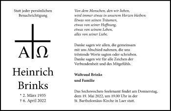 Anzeige von Heinrich Brinks 